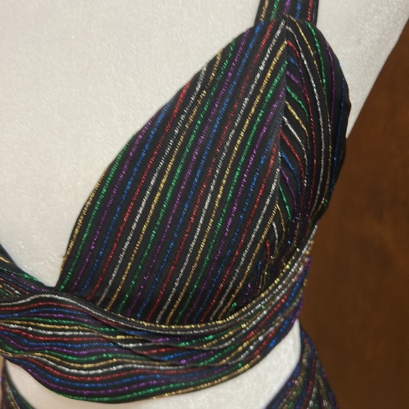 A3 DESIGN TWO PEICE METALLIC NYLON STRIPPED SKIRT AND CROP TOP SET SZ M - Picture 7 of 15